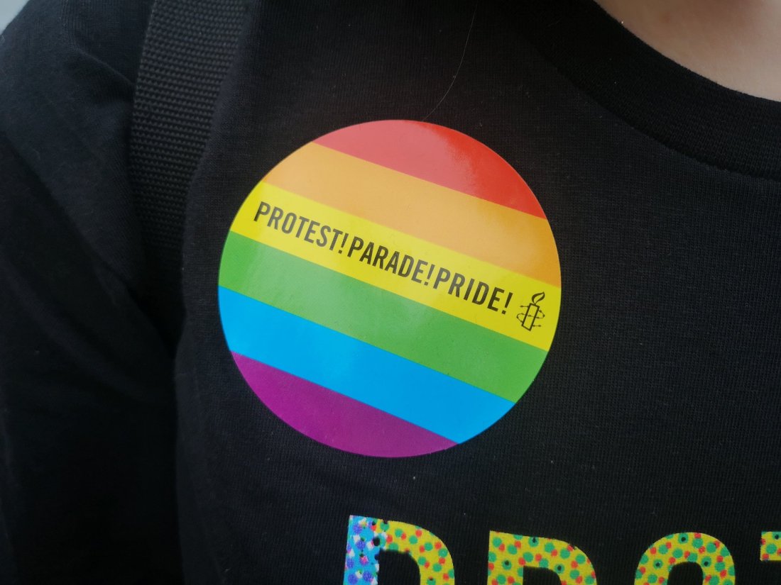 Protest! Pride! Parade! sticker on my t-shirt